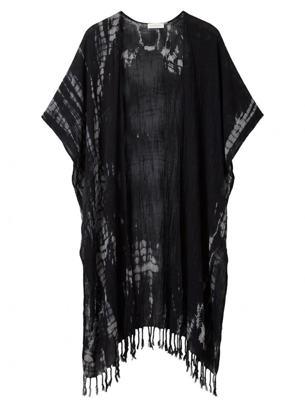Free People Kimono Duster Black Tie Dye Print Fringed Flowy Layer Cardigan OS
